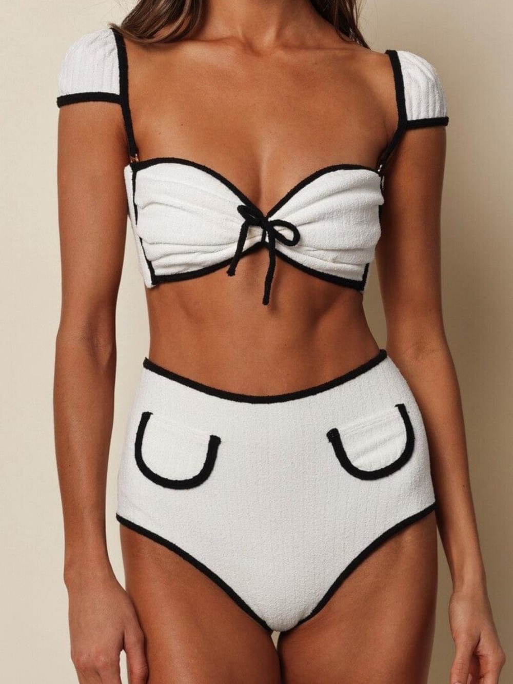 Cream Black Binded Terry Rib Cabana Bows Bikini Top